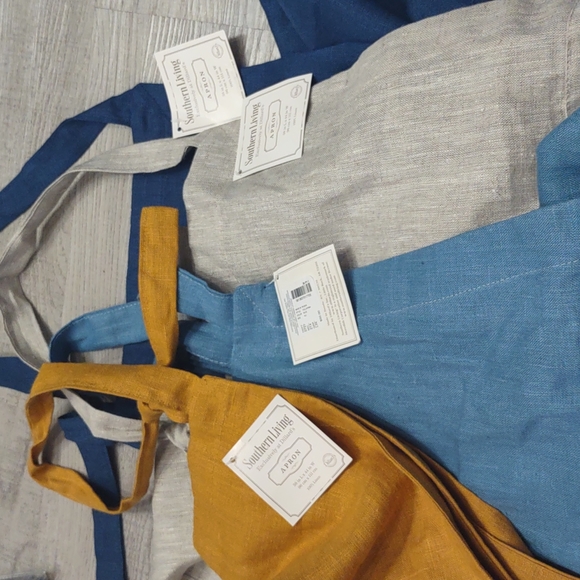 LOT 4 linen New full length apron Pockets adjustable neck Blue Mustard Natural